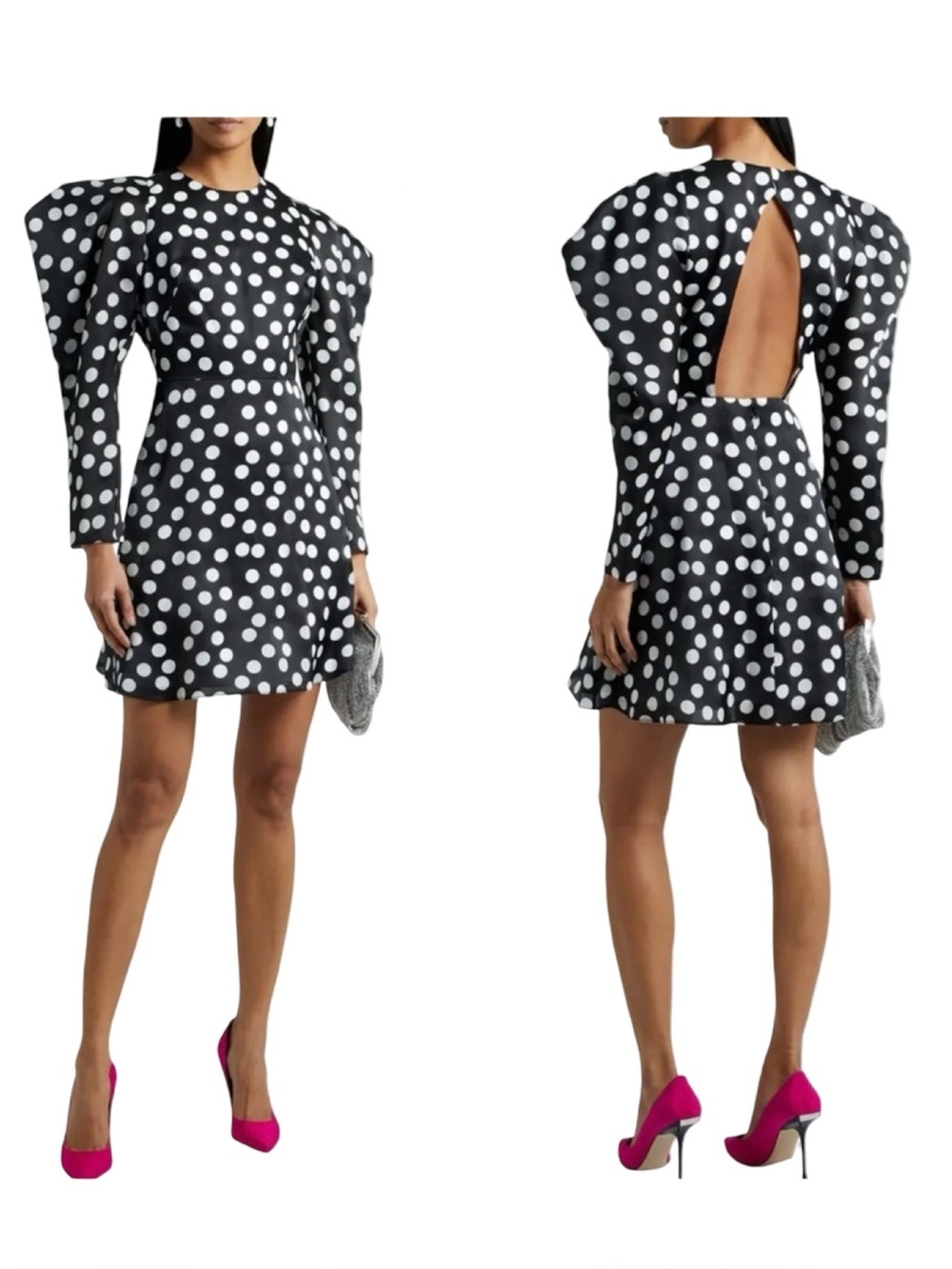 NWT CAROLINA HERRERA Polka Dot Silk Organza Puff Sleeve Dress Black White Size 8